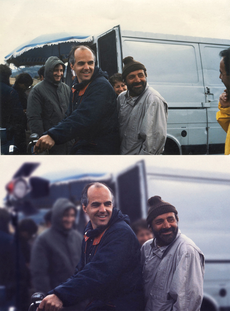 Photo de tournage, Philippe Sanson et Jean Yanne, retouchée par Thomas Sanson